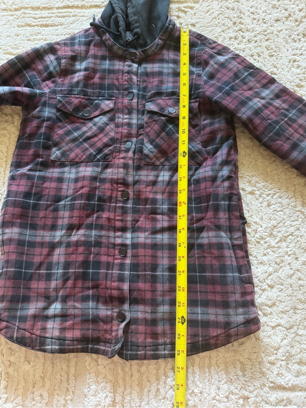 Volcom Plaid Hooded Button-Up Jacket in Burgundy and Black - Picture 2 of 6